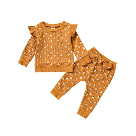 

Musuos Baby Girls Tracksuit Floral Ruffled Long Sleeves Pullover Tops Bow-knot Pants