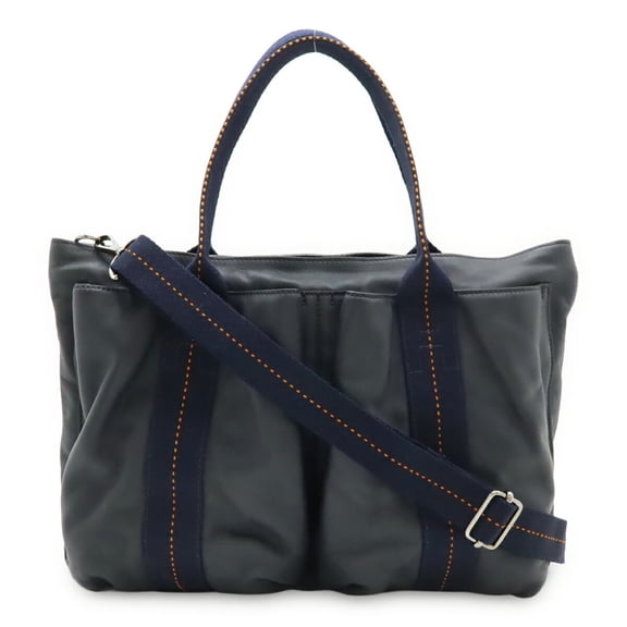 Pre-Owned HERMES Caravan Horizontal MM Tote Bag Shoulder Veau Delma Leather Navy Blue Orange