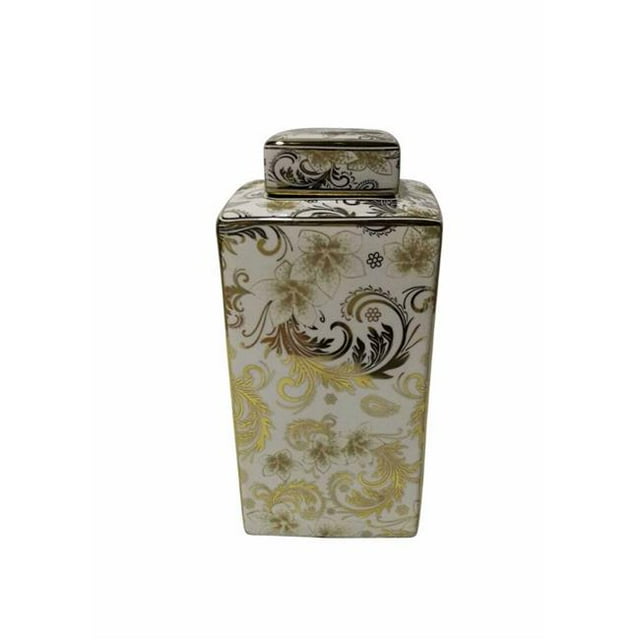 Benzara BM163315 Exquisite Flower Designed Covered Jar, White & Gold