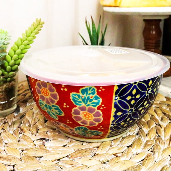 Ebros Set of 2 Ceramic Blue Red Floral Patterns Portion Meal Bowls 5 Cups W/ Lid