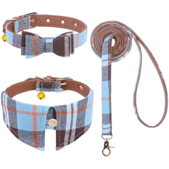 Puppy Collar and Leash Set - Classic Plaid Small Dog Collar with Bow Tie, 360 Swivel No Tangle Dog Leash, Adjustable Dog Collar for Small Medium Dogs Cats, Sky Blue XS