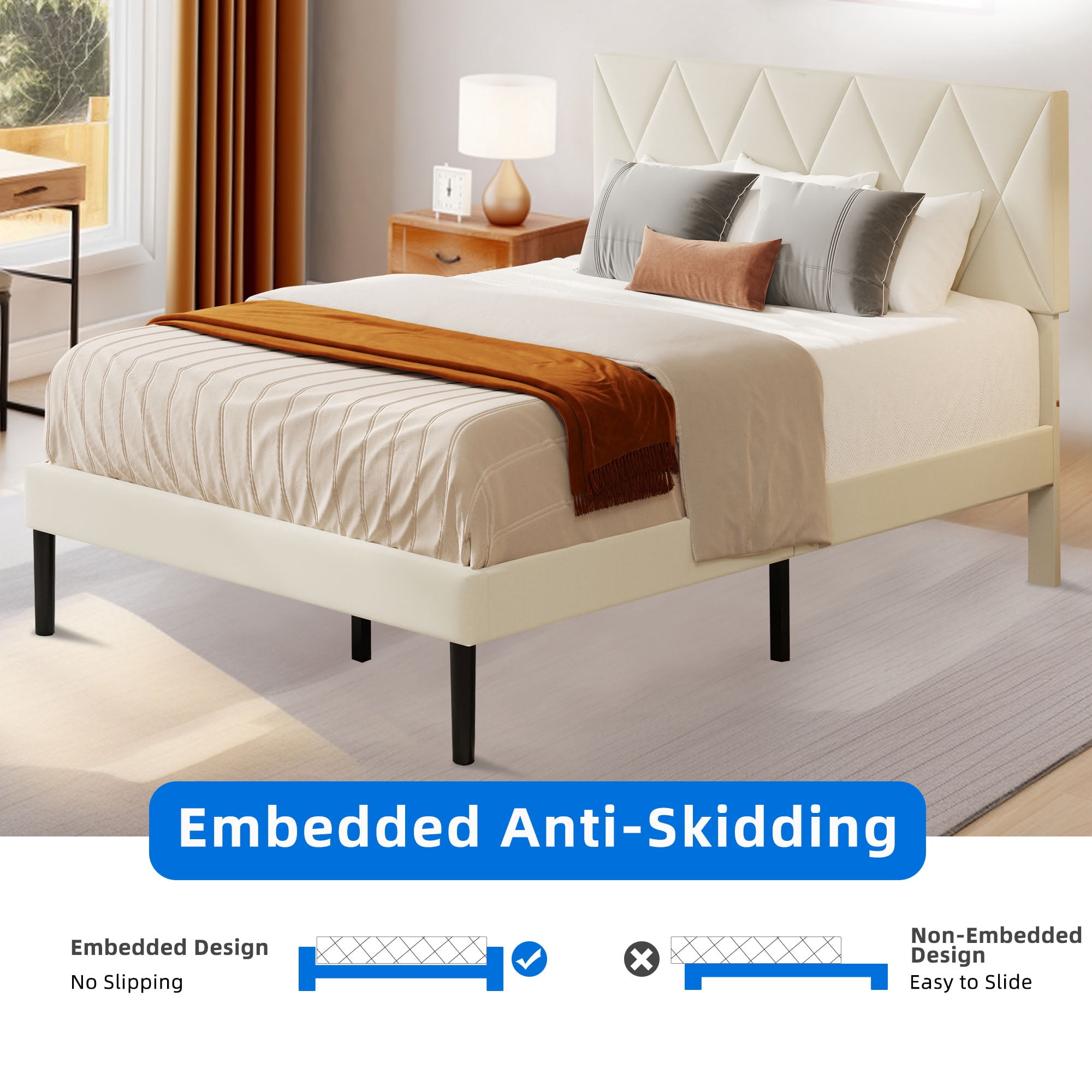 DEXTRUS Queen Upholstered Bed Frame with Adjustable Headboard, Beige