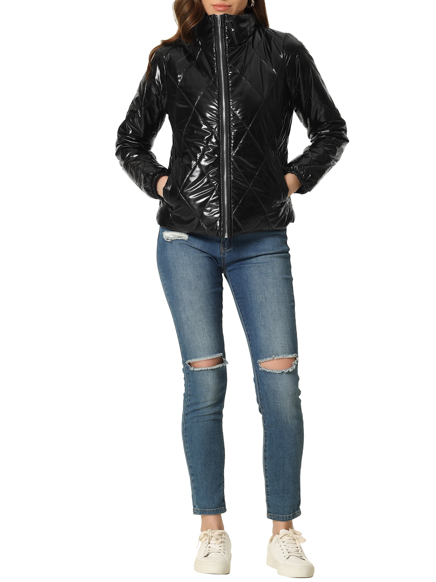 INSPIRE CHIC Women's Holographic Zipper Quilting Metallic Short Puffer Coat Jacket
