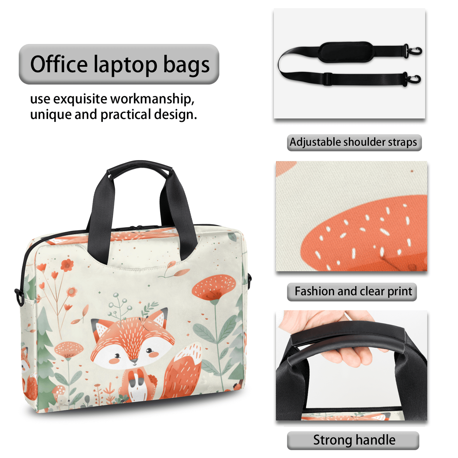 Herdesigns Fox Animals Cute Wildlife Laptop Bag for Women Men, Computer Case Briefcase Messenger Bags, 15-15.6 inch Laptop Sleeve Shoulder Bag