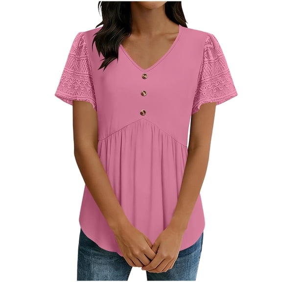 YUGYXL Womens Summer Tops Babydoll Short Sleeve Shirts Button Down Lace Sleeve Peplum Tunic Tops V Neck T Shirt Pink L