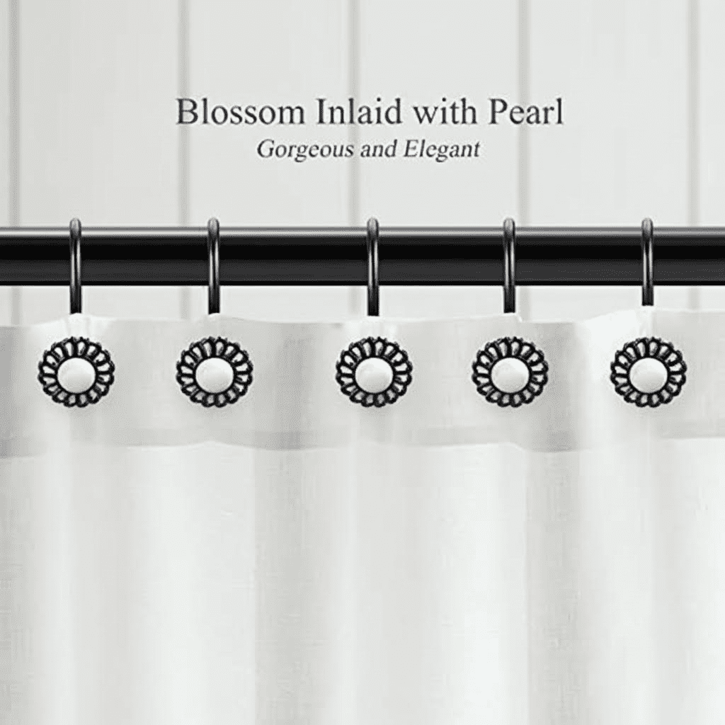 Floral Pearl Finish Shower Curtain Rings and Hooks Set, 12-Piece Matte Black Metal Rings with Hooks for Bathroom Decor