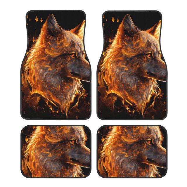 Balery Gold Flame Pattern Wolf Juego de 4 Alfombrillas para Auto, Revestimientos de Caucho Resistente, Diseño Antideslizante