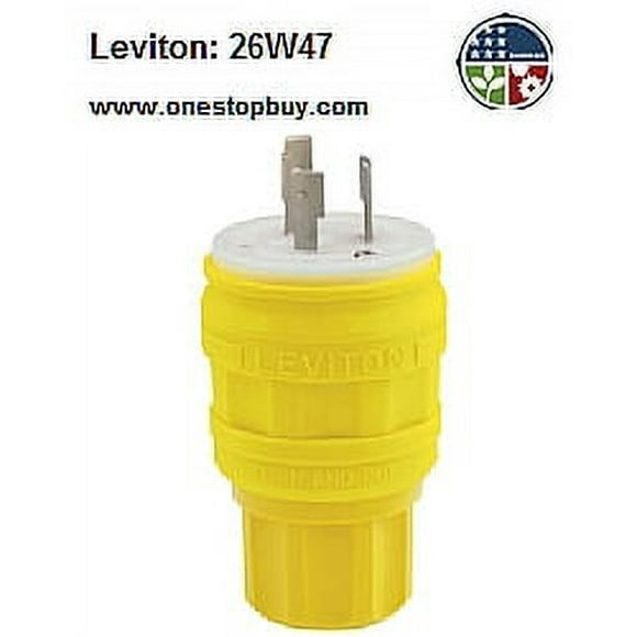 Leviton 26W47 20 Amp, 125 Volt, Locking Plug, Industrial Grade, Grounding, Wetguard, Yellow