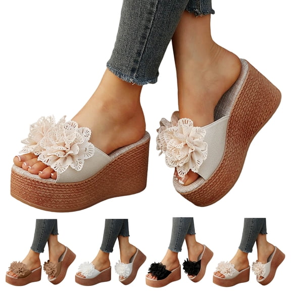 Pandaie Women's 3D Flower Platform Sandals Bohemia Dressy Wedge Slides Casual Summer Beach Slippers Open Toe Walking Outdoor Shoes Beige Size 6.5