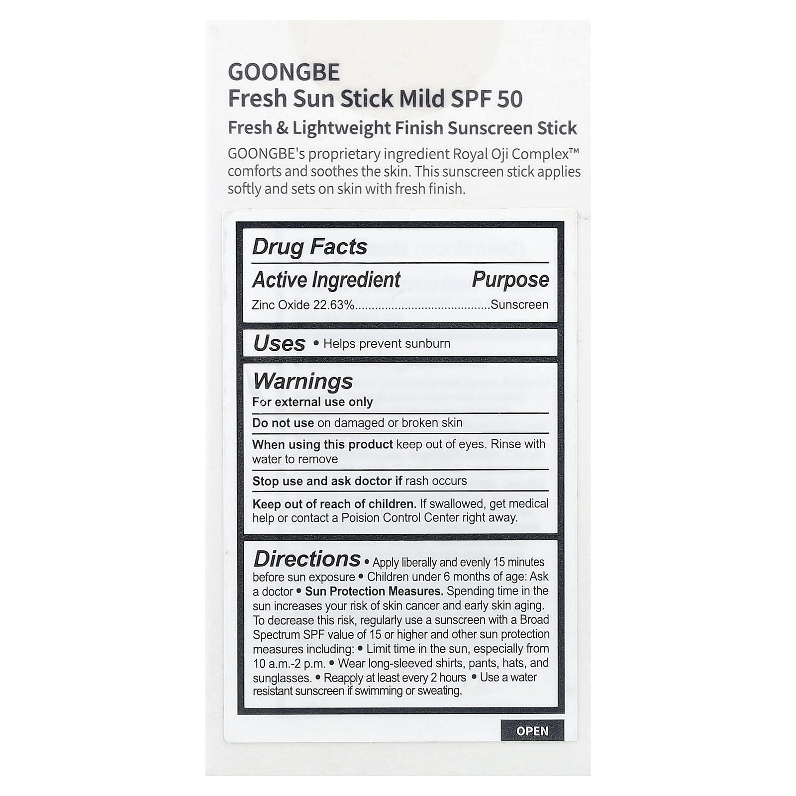 Goongbe Fresh Sun Stick Sunscreen, Mild, SPF 50, 0.81 oz (23 g)