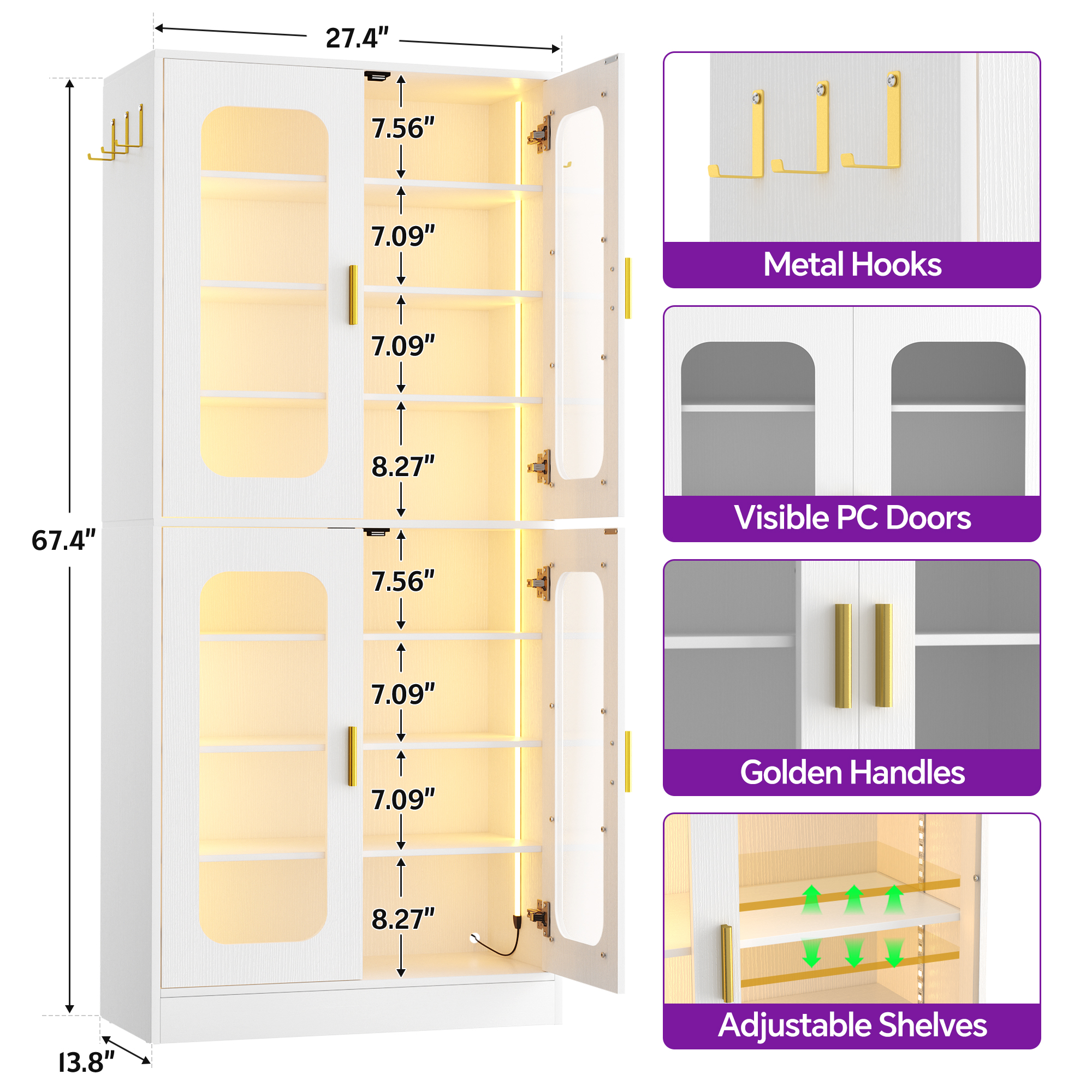 Homieasy 8-Tier LED Shoe Cabinet with Adjustable Shelves - 67 inch Tall Shoe Racks with Hooks for Entryway, Living Room, 24-32 Pairs,White
