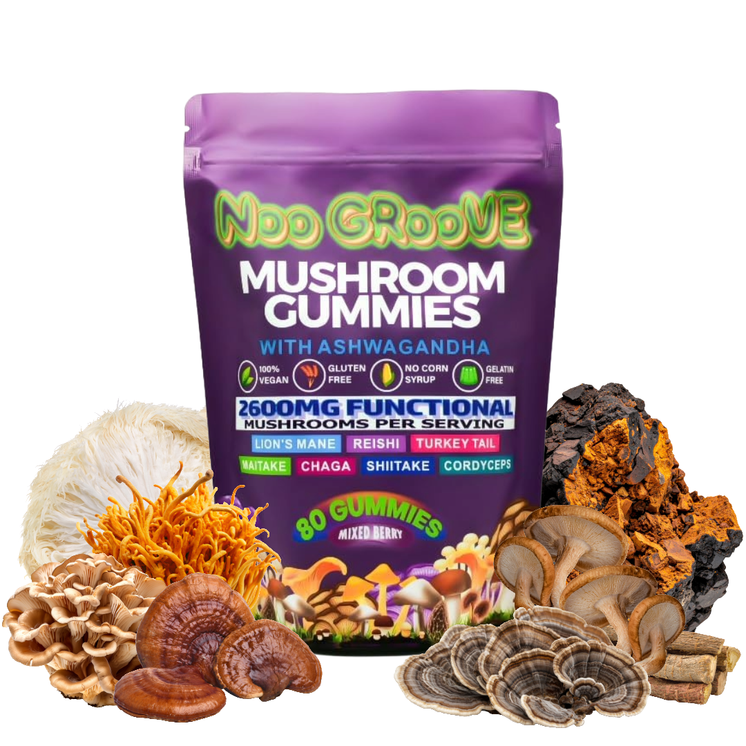 Noo Groove Functional Mushroom Gummies with Ashwagandha, Lion's Mane, Reishi, Turkey Tail, 2600mg, Vegan, Gluten Free, Mixed Berry Flavor, 80 Count