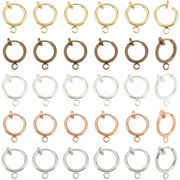 15 pares de pendientes de aro redondos de latón con clip de 11 mm, 5 colores, para hacer aretes DIY, accesorios de colores variados