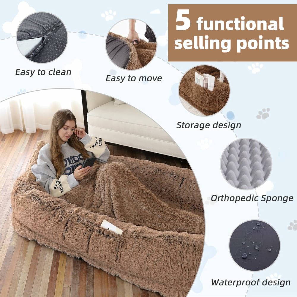 MIDODO Human Dog Bed, 72"x48"x11" Size Washable Faux Fur Giant Dog Bed for Human, Large Bean Bag Bed with Plump Pillow, Blanket, Strap