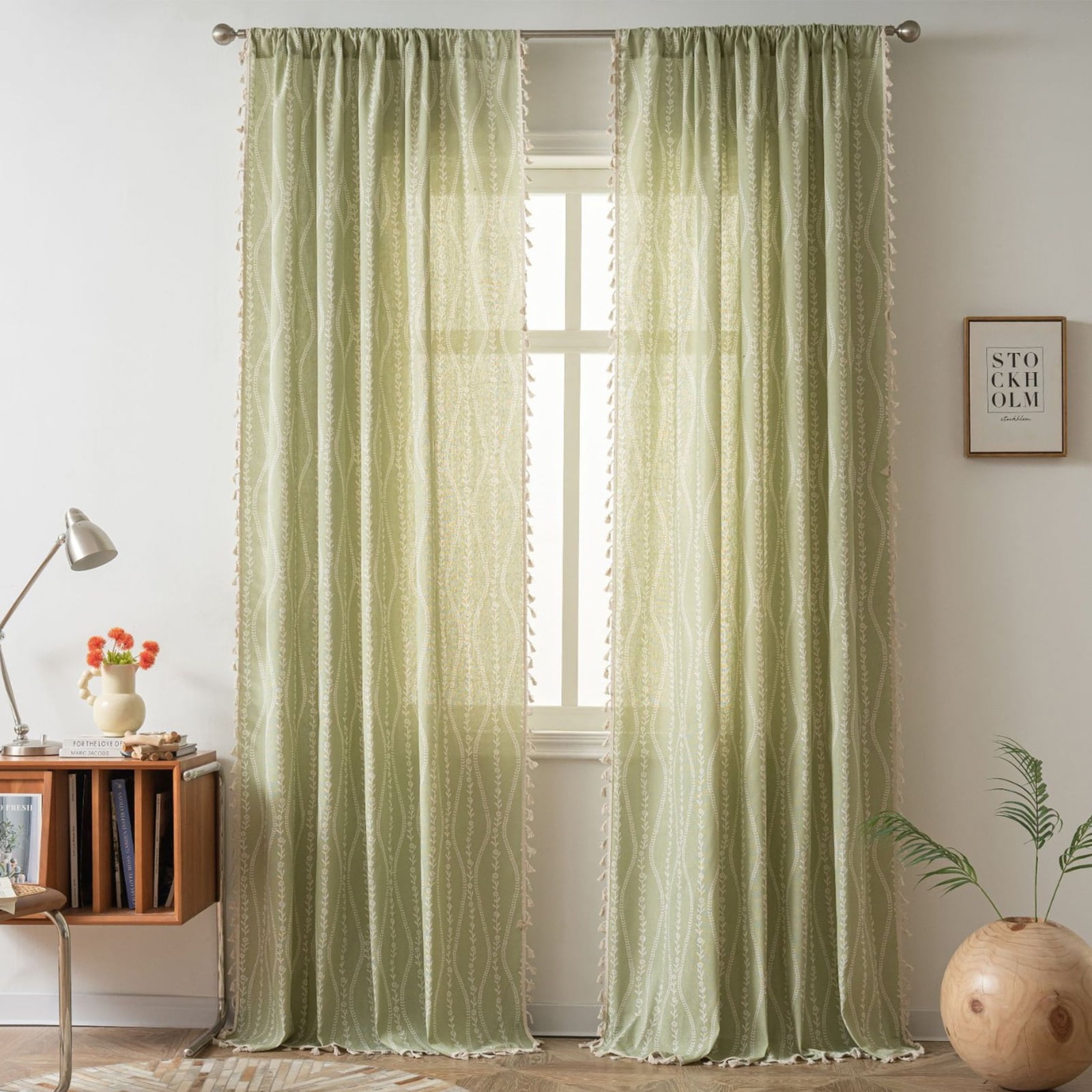PixelForge Linen Curtains Floral Patterned Window Curtains, 84 Inch Length, Farmhouse Style, Semi-Blackout Light Filtering,1 Panel for Living Room,Green