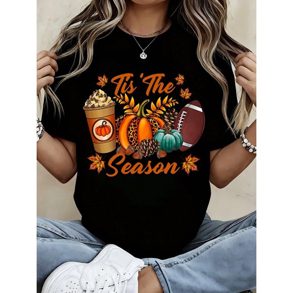 Tis The Season Pumpkin Spice Coffee Football Autumn Fall Harvest Women T Shirt