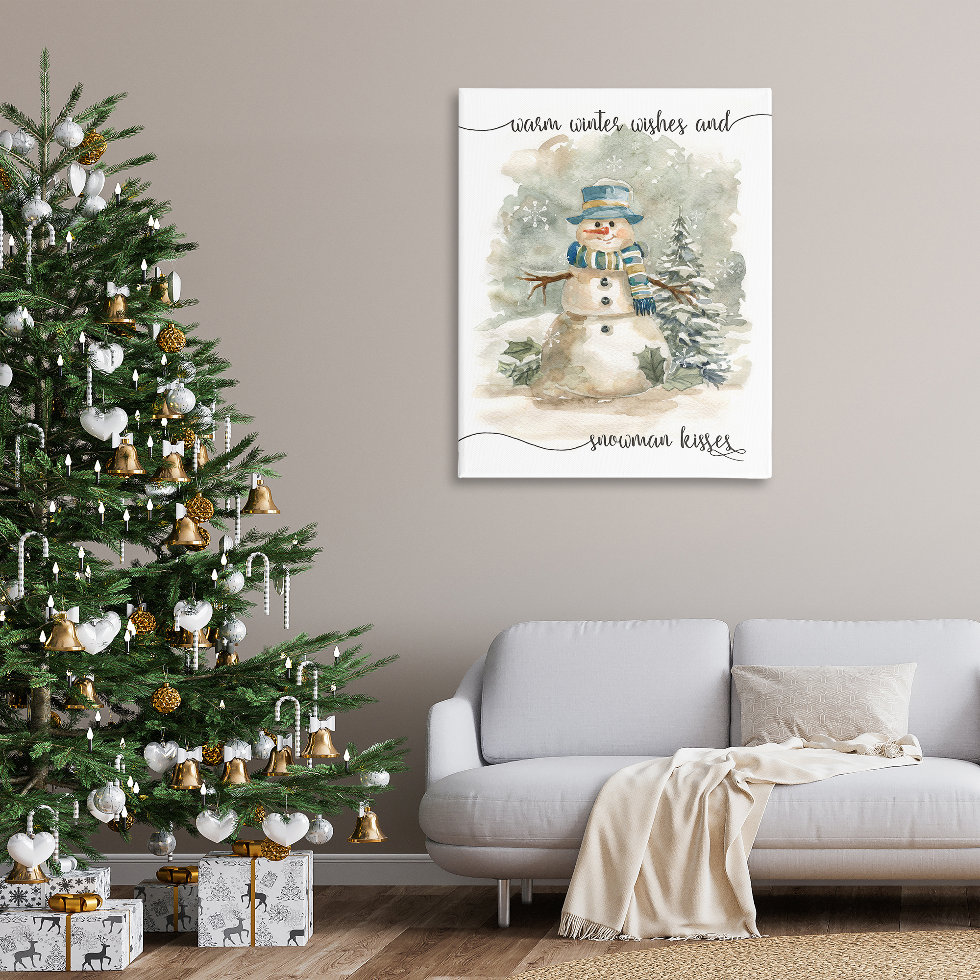 Stupell Industries Snowman Kisses Phrase Holiday Painting Gallery Wrapped Canvas Art Prints Wall Art, 36 x 48