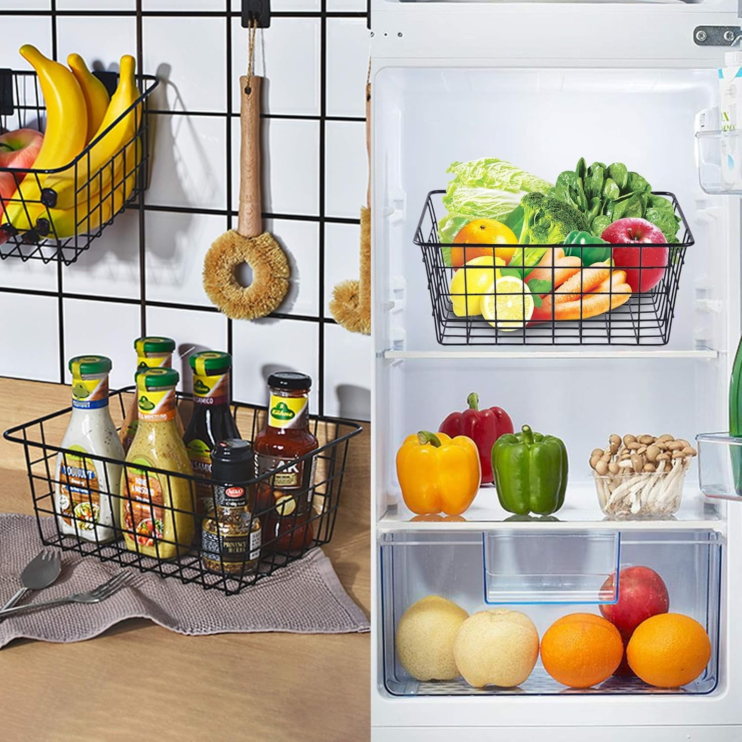 Wire Baskets for Organizing, 2 Pack Kitchen Pantry Organizers and Storage - Metal Basket for Kitchen, Laundry, Garage, Fridge, Stackable Wire Storage Baskets, Black