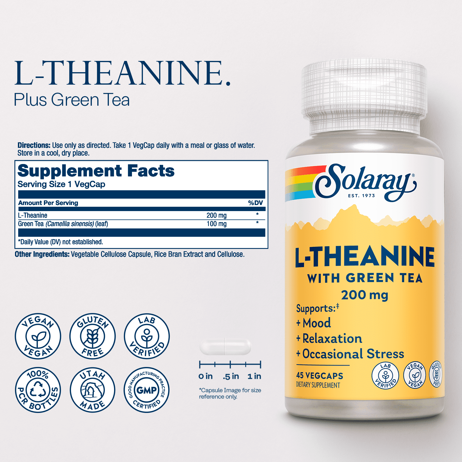 Solaray L-Theanine - 45 Vegcaps - 200 mg + 100 mg Green Tea Leaf