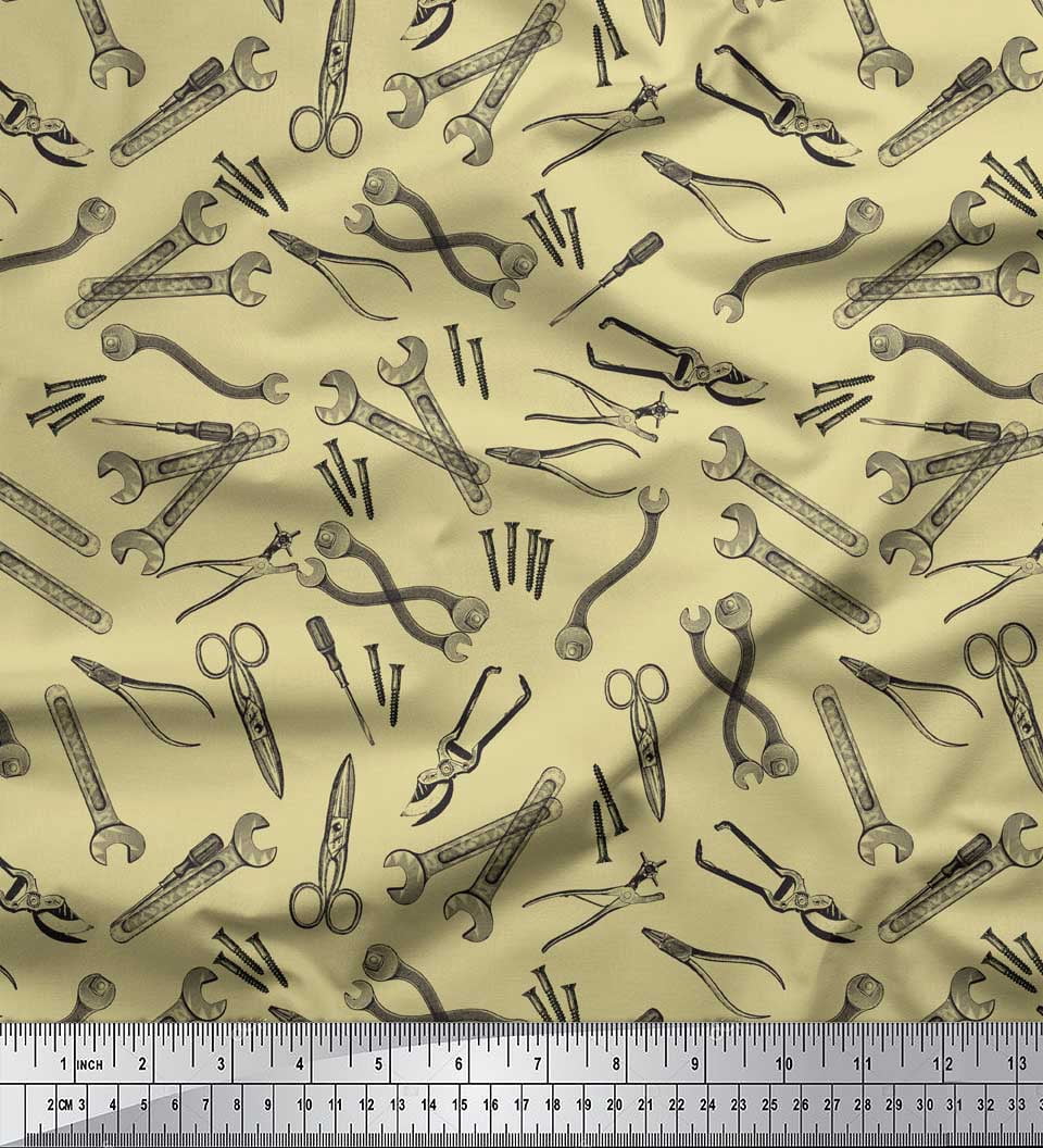 Soimoi Beige Heavy Canvas Fabric Tools Hardware Printed Fabric 1 Yard 58 Inch Wide