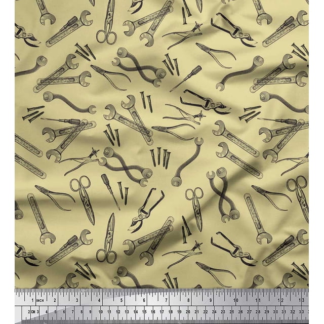 Soimoi Beige Rayon Crepe Fabric Tools Hardware Printed Craft Fabric by the Yard 46 Inch Wide