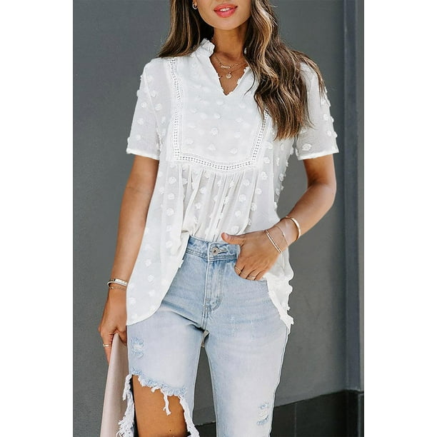 Women s White Swiss Dot Short Sleeve Flowy Top Walmart