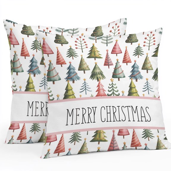 Christmas Outdoor Pillow Covers, Waterproof Decorative Throw Pillowcases Set of 2, Winter Watercolor Xmas Pine Trees Couch Cushion Cases with Zipper for Outside Patio Garden Sofa 24"x24"