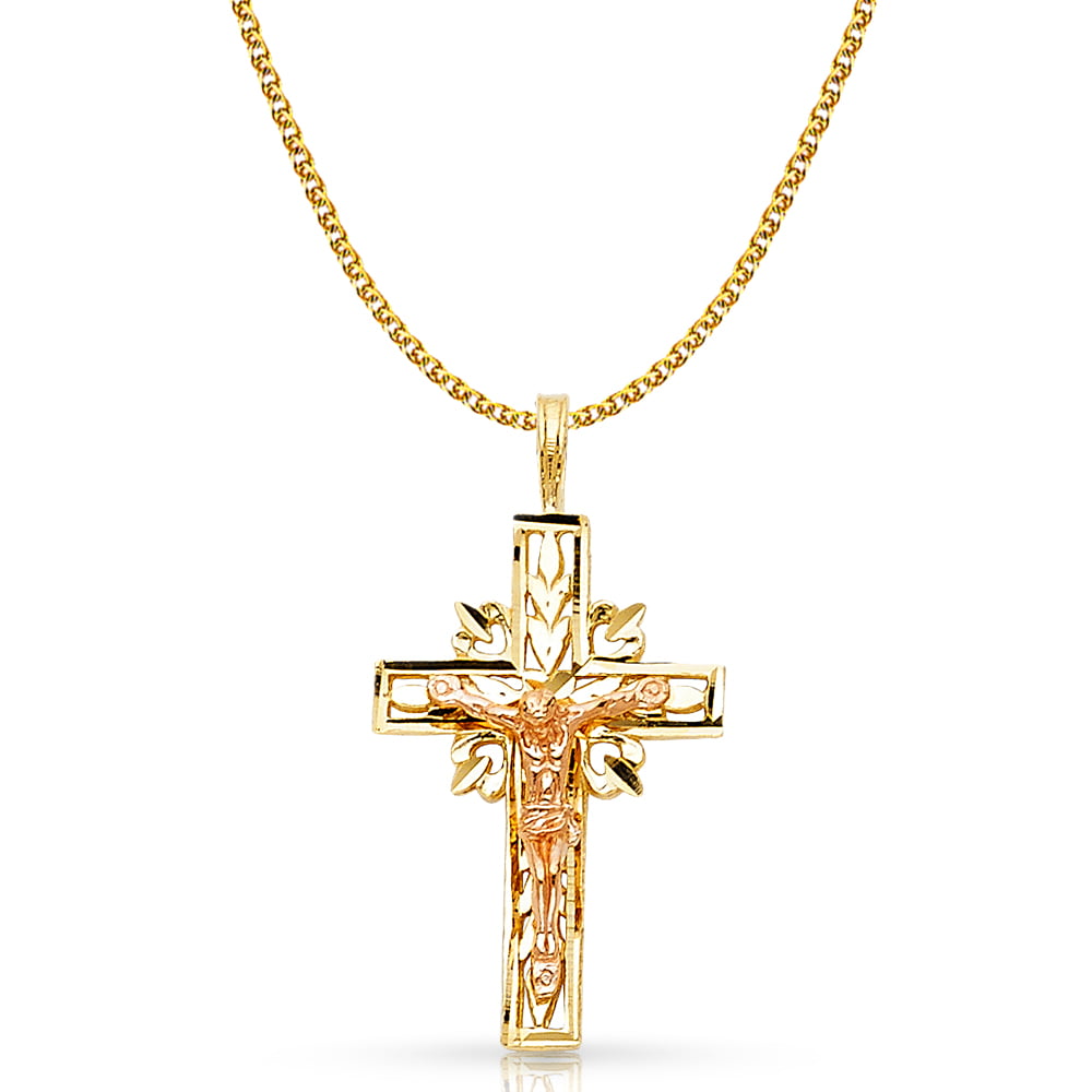 14K Yellow Gold Crucifix Pendant with 1.5mm Flat Open Wheat Chain Chain Necklace