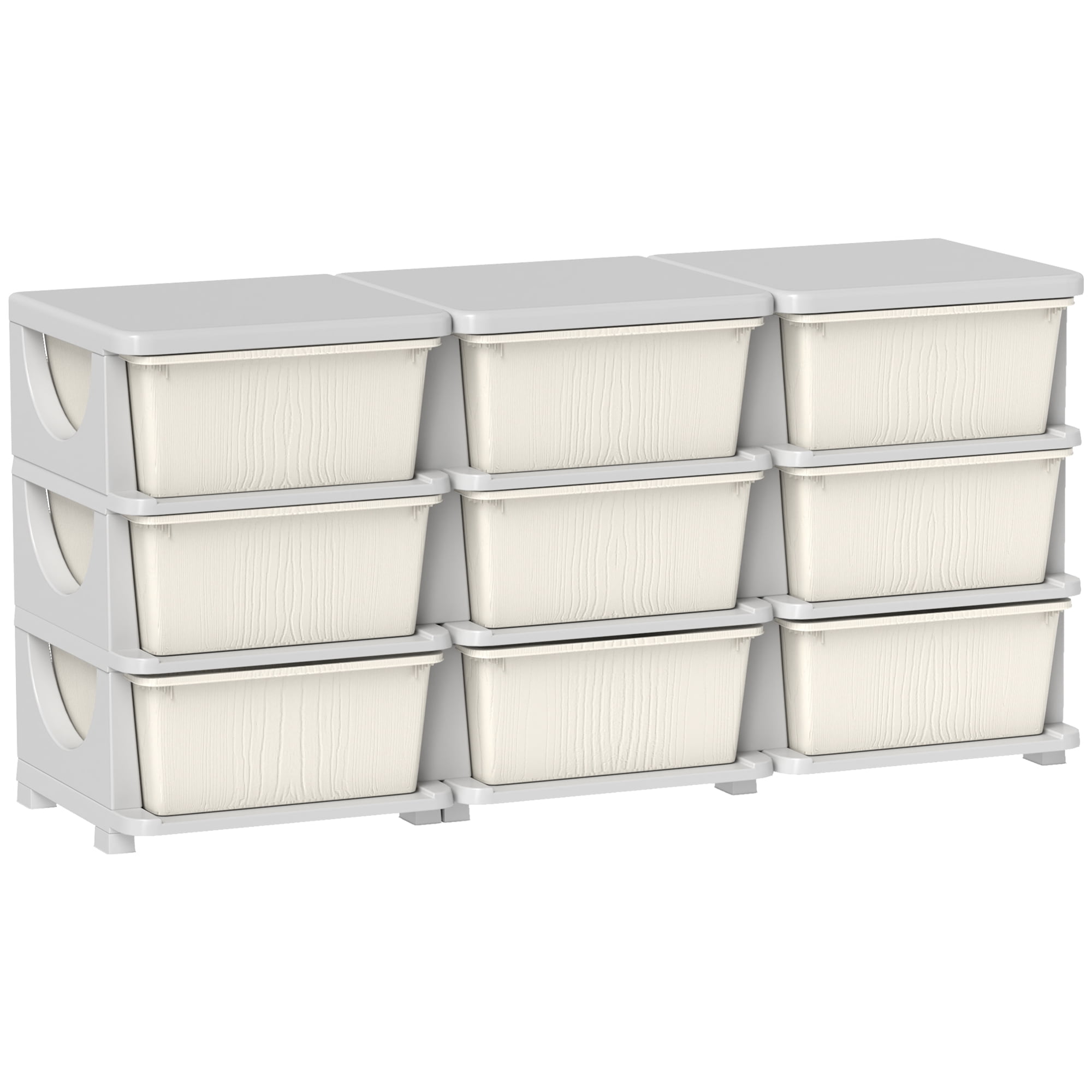 Qaba 3 Tier Kids Storage Unit w/ 9 Drawers Chest Toy Organizer Plastic Bins for Kids Bedroom Nursery Living Room for Boys Girls Toddlers, Cream White