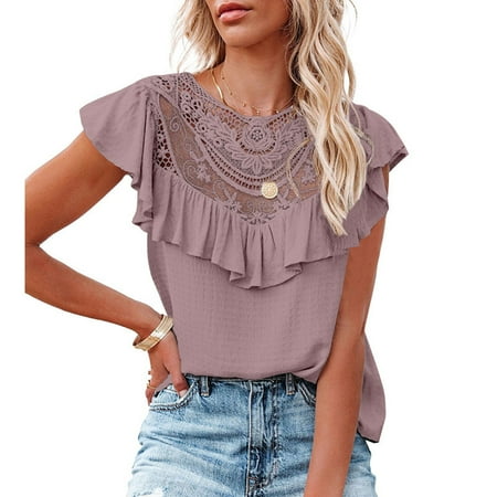 EOYWHK Womens Summer Tops Lace Ruffle Cap Sleeve Shirt Dressy Babydoll Tops Soft Comfortable Slim Fit Petite Blouse Clearance