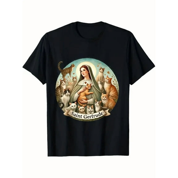 Saint Gertrude Patron Of Cats Religious Catholic Kitty Lover Graphic Unisex T-Shirt up to size 5XL