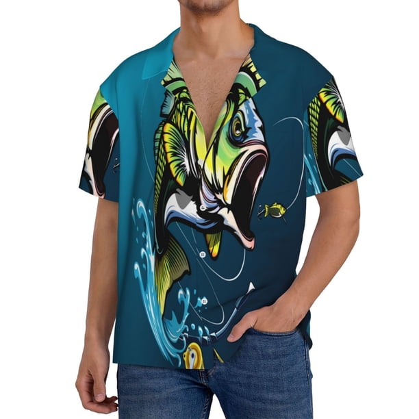 Balery Largemouth Bass Fish Camisa Casual de Manga Corta con Botones para Hombre, Texturizada, Estilo Cubano, para Playa, Verano-Large