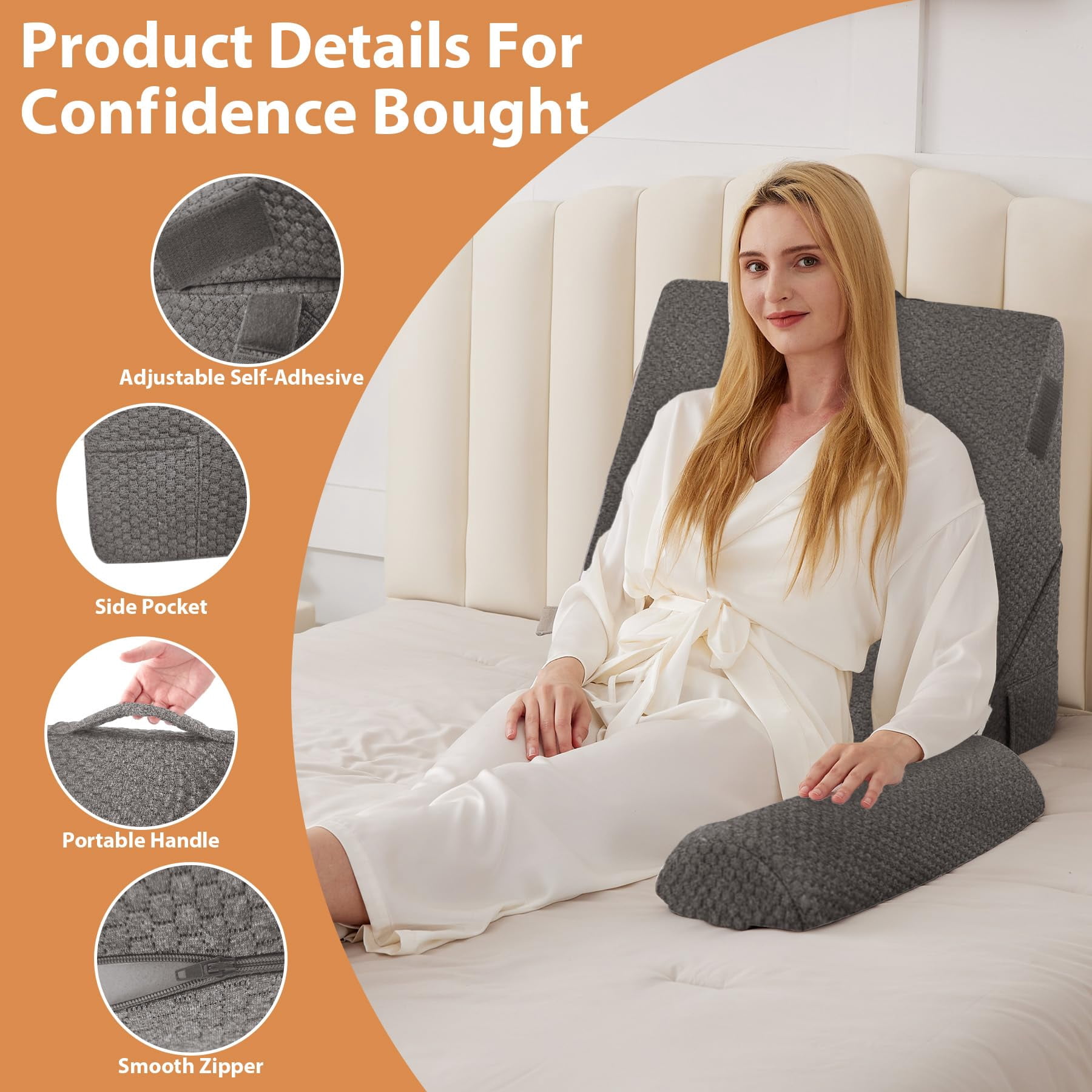 Bed Wedge Pillow Set 3pcs  Adjustable Memory Foam For Triangle Pillows Acid Reflux Dark Grey