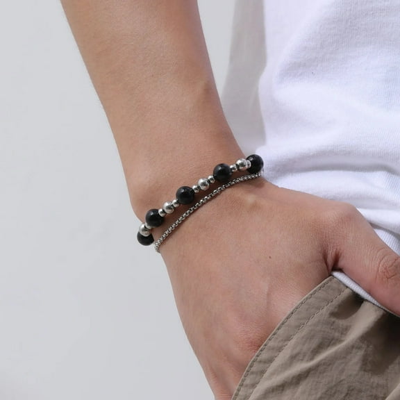 14K White Gold Layered Bracelet for Men Boys,Beads Natural Stone Bracelets,Hiphop Fashion Jewelry