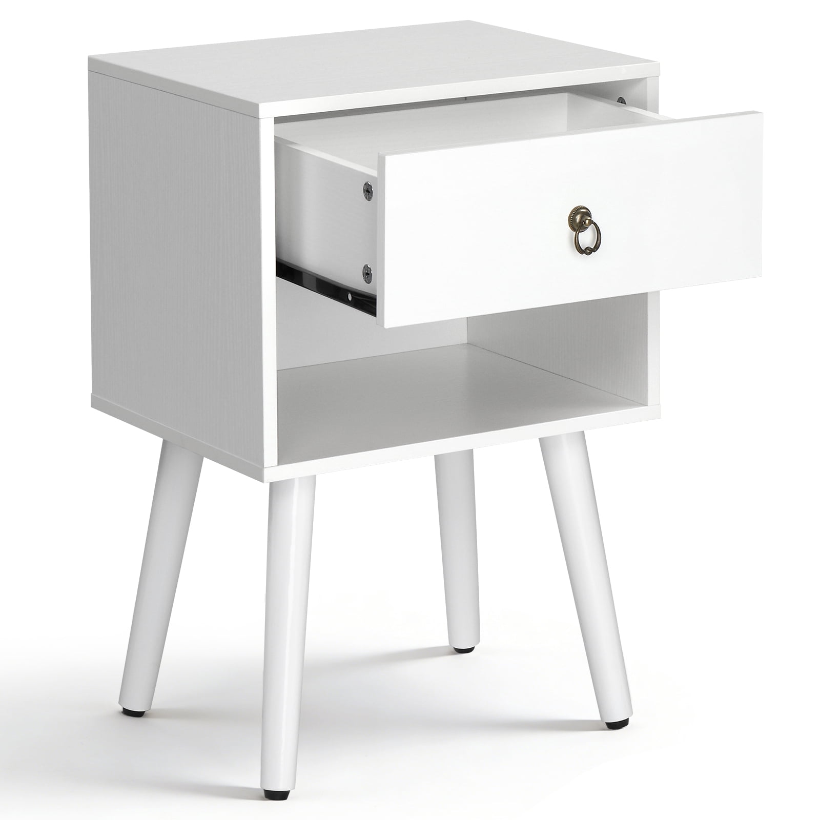 Bedside Table, White P2 Particleboard With Solid Wood Legs, Linen-Textured Melamine Finish, And Ring Pull Handle, 38*30*55cm