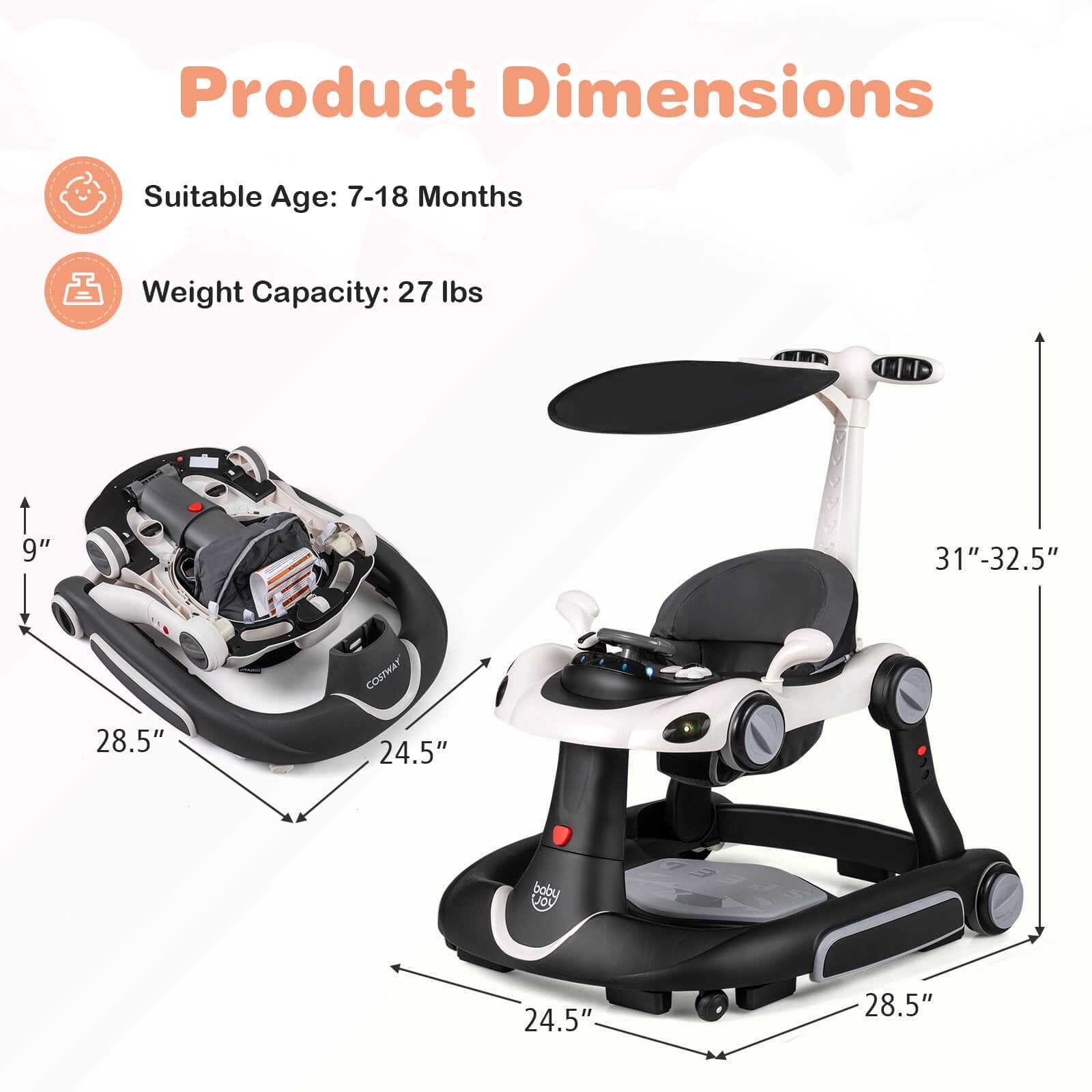 Babyjoy 6-in-1 Baby Walker with Canopy, Music, Lights, Speed/Height Adjustment & Wheels White + Black