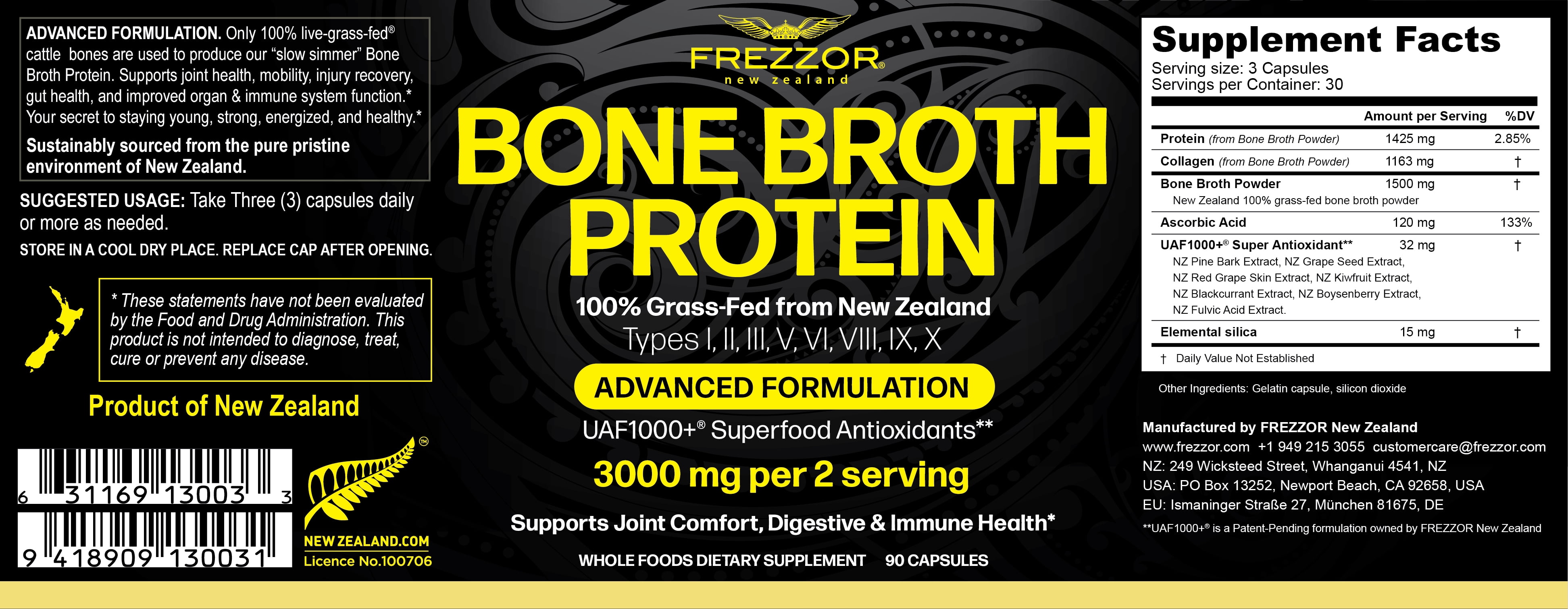 FREZZOR 100% Grass-Fed Beef Bone Broth Protein Capsules for Men & Women | Joint Health & Anti-Age Support | Organic Multi Collagen Peptide Supplement, 1 Pack, 90 Capsules