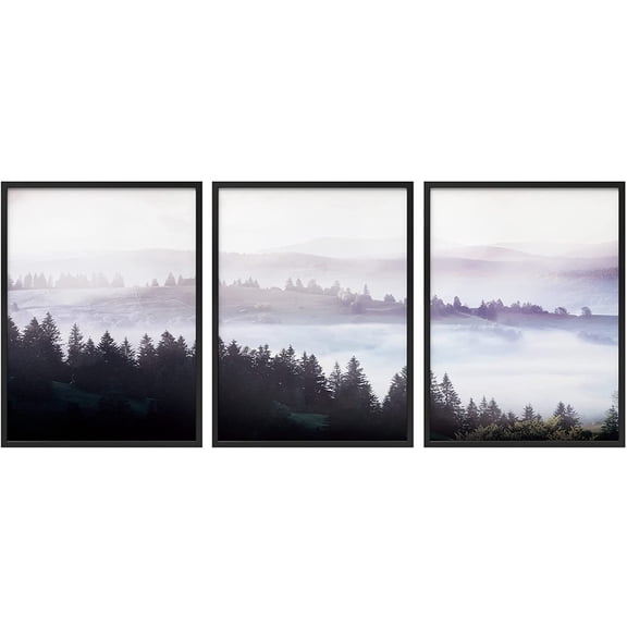 PixonSign Framed Wall Art Collage Print Gallery Set Watercolor Purple Forest Scene Nature Wilderness Photography Realism Landscape Multicolor Dark for Living Room, Bedroom, Office - 12"x16"x3 BLACK