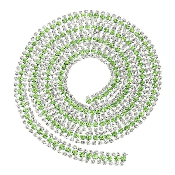 Uxcell 1 Yard 3 Rows Crystal Rhinestone Close Chain Trim, Claw Cup Chain with Silver Base for DIY Craft, White/Light Green/White