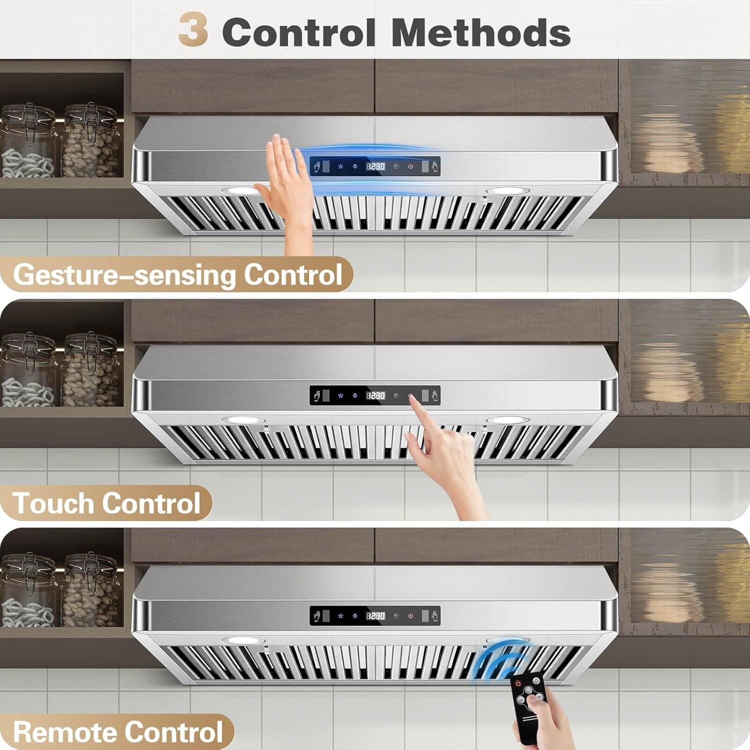 Under Cabinet Range Hood 30 inch Stainless Steel Ducted/Ductless Range Hood with Touch Gesture Remote Control 700CFM & 3-Speed Kitchen Stove Vent Hood Baffle Filters 3 Air Vents