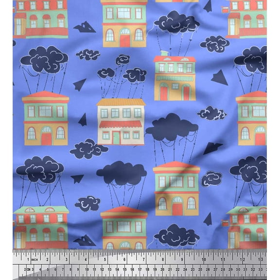 Soimoi Blue polyester Crepe Fabric Clouds & House Architectural Fabric Prints By Yard 42 Inch Wide