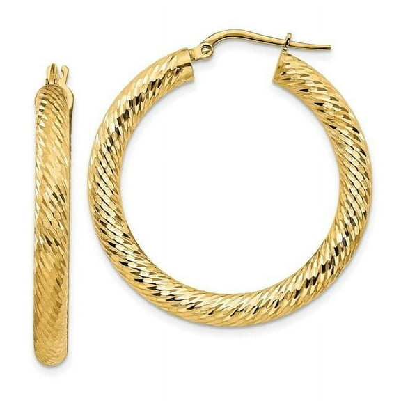 Primal Gold 14 Karat Yellow Gold 4x25mm Diamond-cut Round Hoop Earrings
