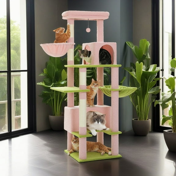 Demi Bonn 66" Cat Tree Tower for Big Cats, Cat Tree House Furniture with Hammock, Indoor Cat Condo for Adult Cats, Pink