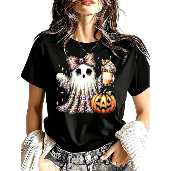Women's Black Crew Neck Oversized Graphic T‑Shirt, Sparkly Bow Ghost Pumpkin Latte Halloween Short Sleeve Tee