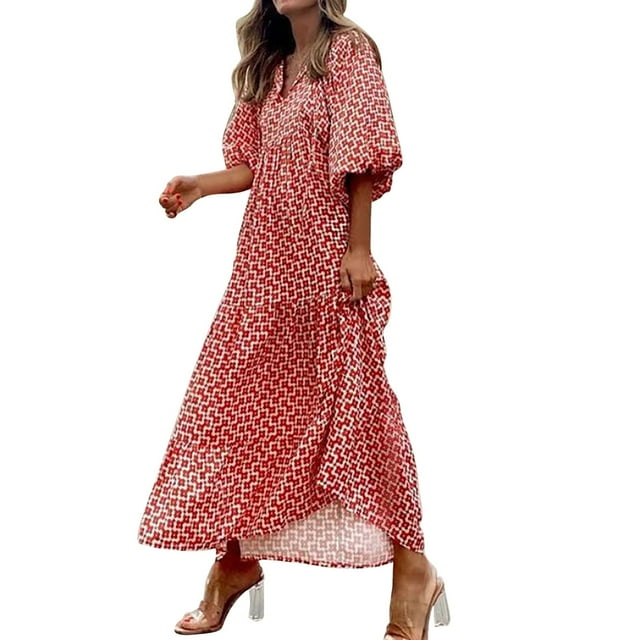 Ketyyh-chn99 Robes d'Été pour Femmes 2024 Robe Courte Robe de Soirée Robes d'Été pour Femmes Imprimé Décontracté Col en V Bouton Manches Courtes Décontracté Robes Féminines RD1,2TG