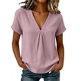 thumbnail image 2 of ClodeEU Women's V Neck Pleated Front Short Sleeve Linen Blend Blouse,Casual Loose Fit Summer Top Pink,Women's Plus M, 2 of 8