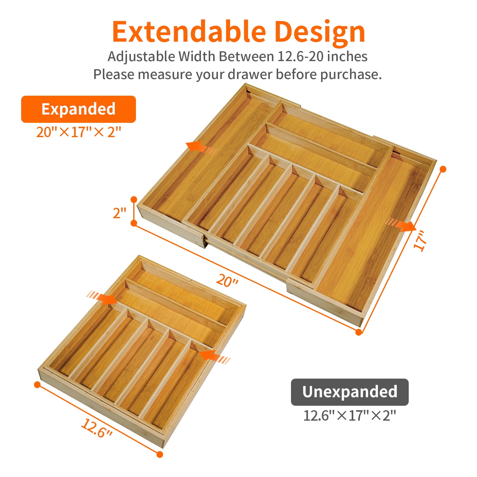 Bamboo Drawer Organizer Expandable 12.6” to 20” Wide, 9 Slot Silverware & Utensil Organizer Tray, Cutlery Drawer Dividers for Flatware, Knives, Spoons (Natural)