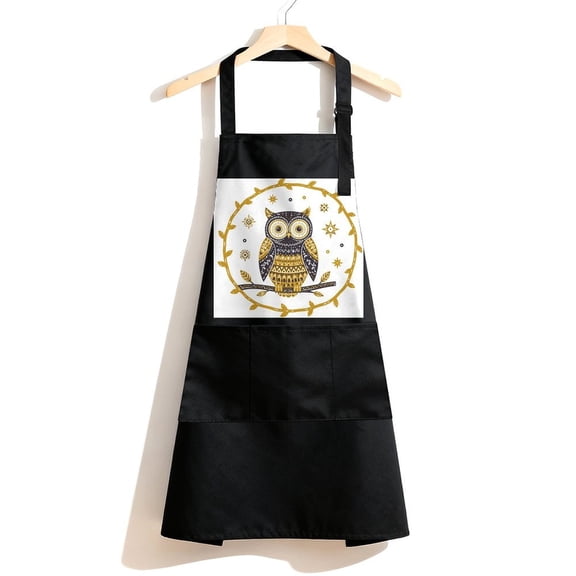 RKSupls Waterproof Bib Apron with 3 Pockets, Folk Art Owl In Wreath Adjustable Neck Strap Soft Polyester Water Resistant Apron for Kitchen Restaurant Home Use