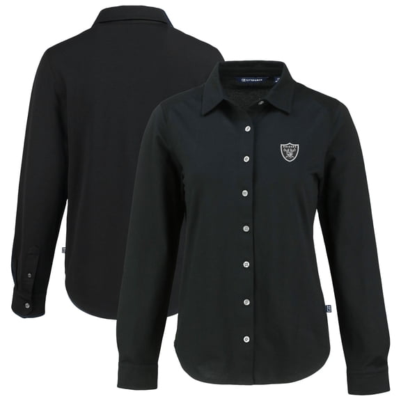 Women's Cutter & Buck Black Las Vegas Raiders  Advantage Eco Soft Pique Tri-Blend Long Sleeve Button-Up Shirt