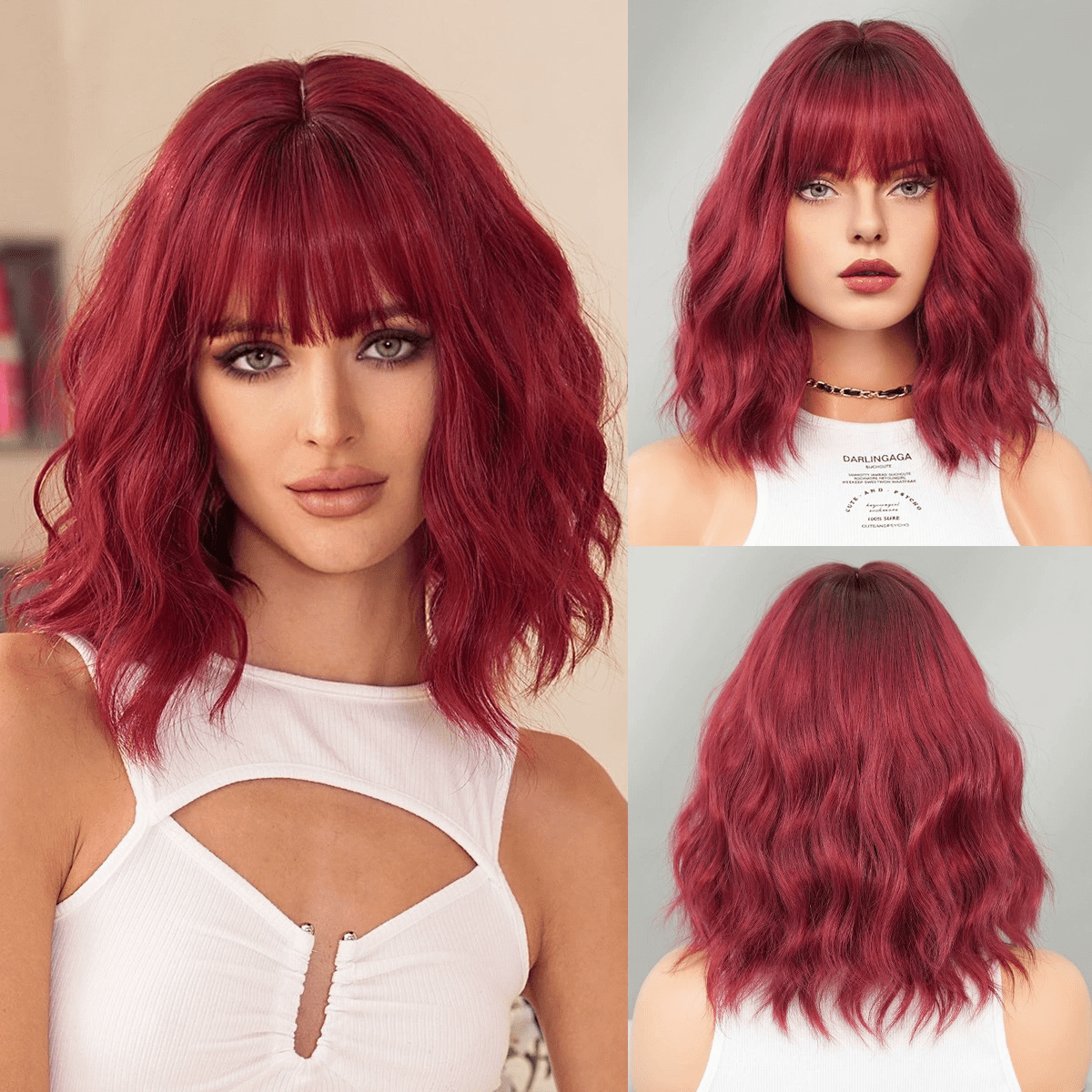 PEAKIN Fashion Wig 14 inch Women Red Short Curly Hair Natural Shaggy Short Bob Full Head with Bangs Wigs